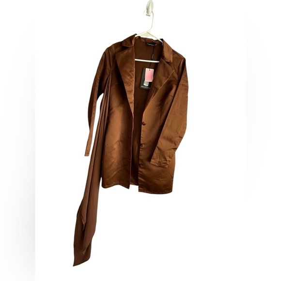 PRETTY LITTLE THING Chocolate Satin Chiffon Drape Blazer Dress • Size: 4 • NWT - Picture 5 of 12